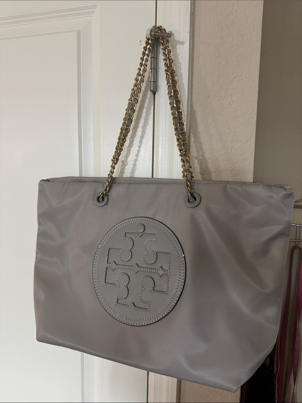 Tory Burch Light Gray Logo Chain-Handle Tote